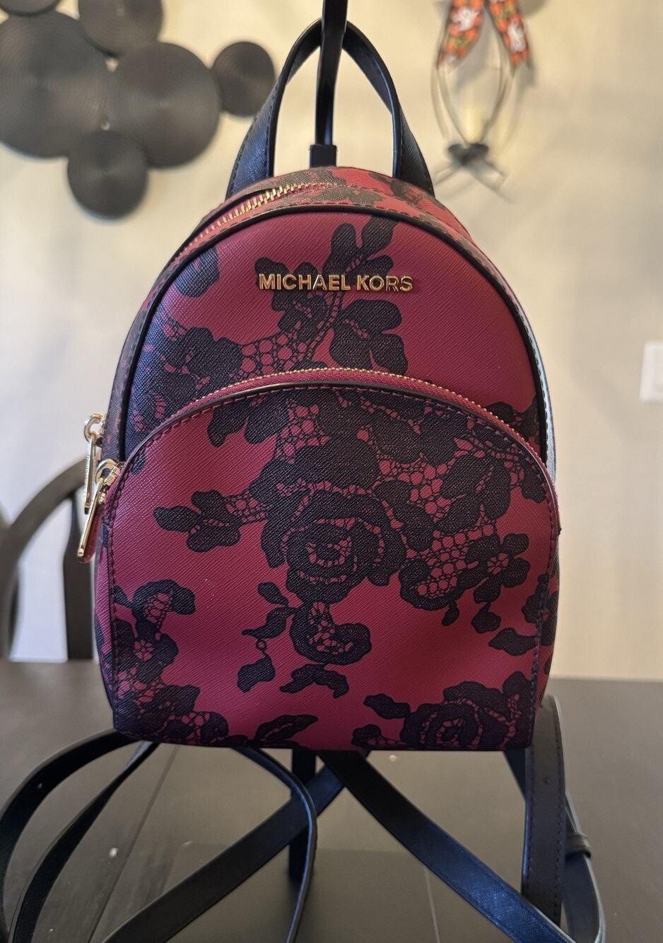 Michael Kors Cherry Red And Black Floral Lace Print Mini Backpack